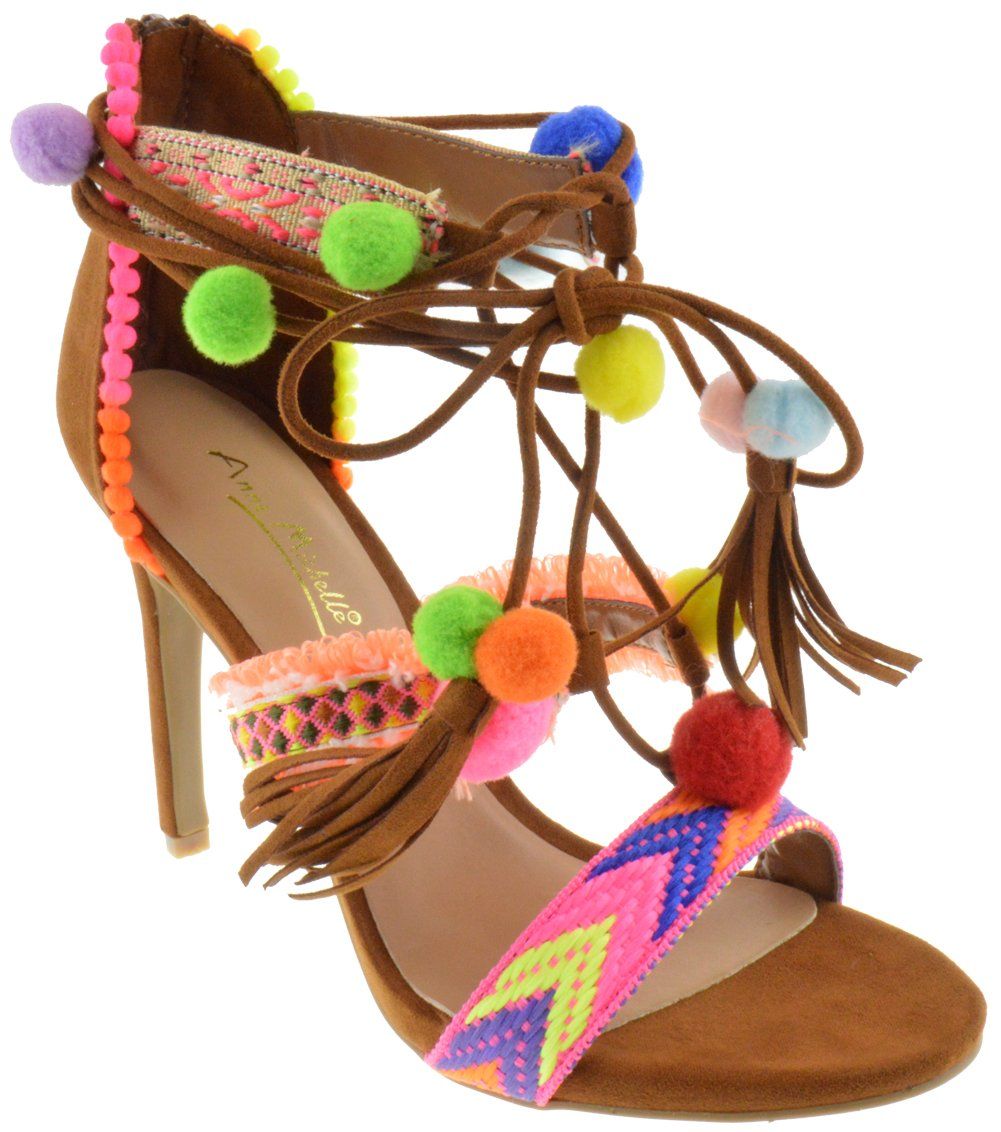 Truelove 43S Womens Embroidered Tie Up Fringe Block Heel Pom Pom Sandals | Amazon (US)