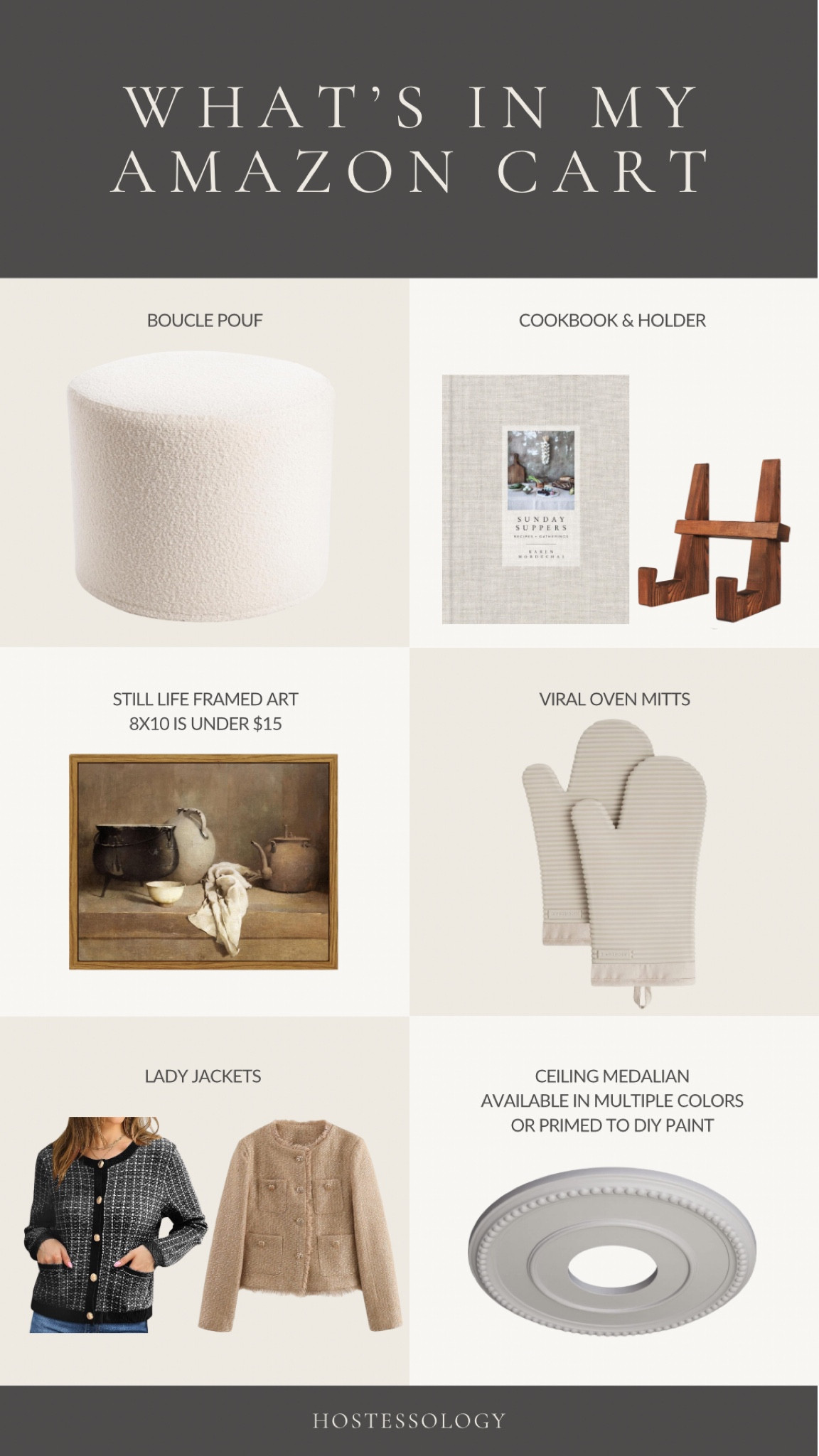 Currently in my Amazon cart ✨ boucle pouf, linen cover cookbook & wood stand, affordable still life framed art, neutral silicone oven mitts, lady jackets, and ceiling medallion 🤎

#LTKOver40 #LTKHome #LTKFindsUnder50
