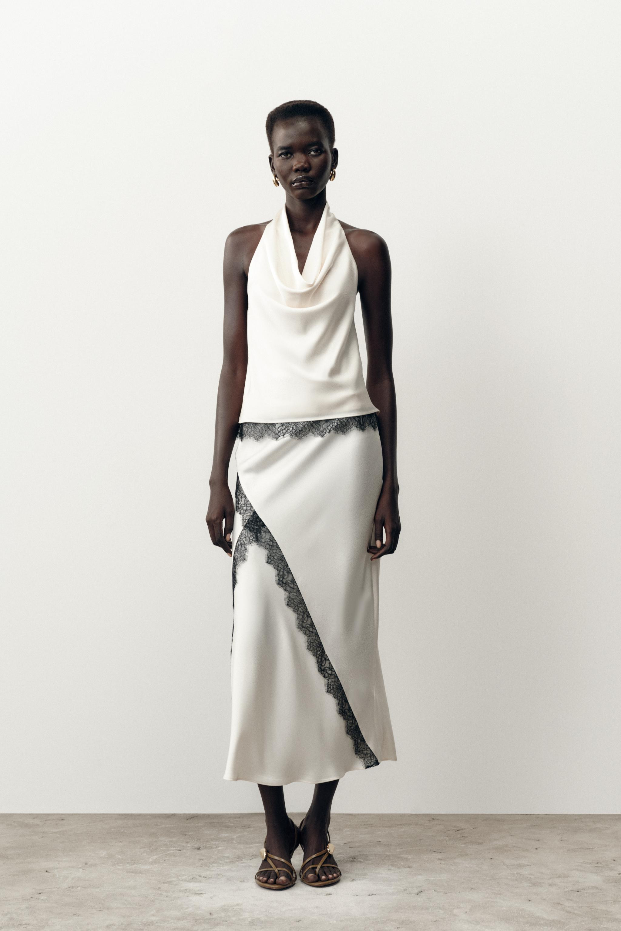 SATIN EFFECT LACE MIDI SKIRT | Zara US