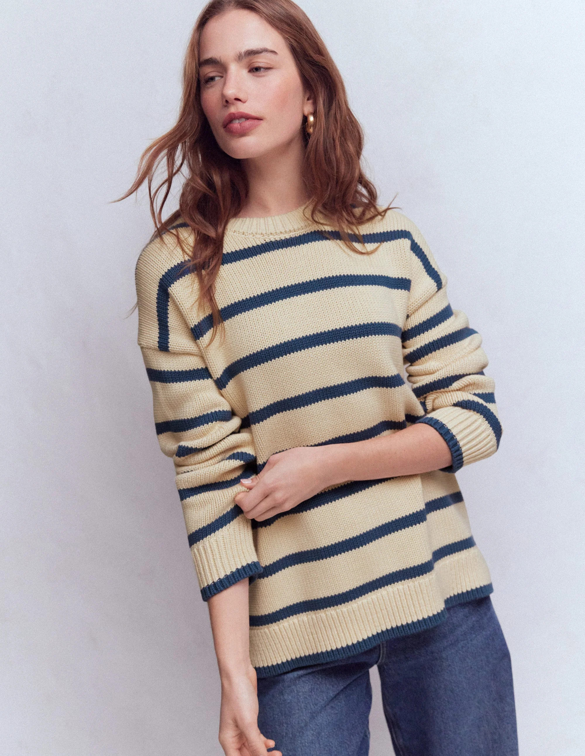 Lucy Oversized Cotton Jumper-Almond Milk/ Denim Blue Stripe | Boden (US)