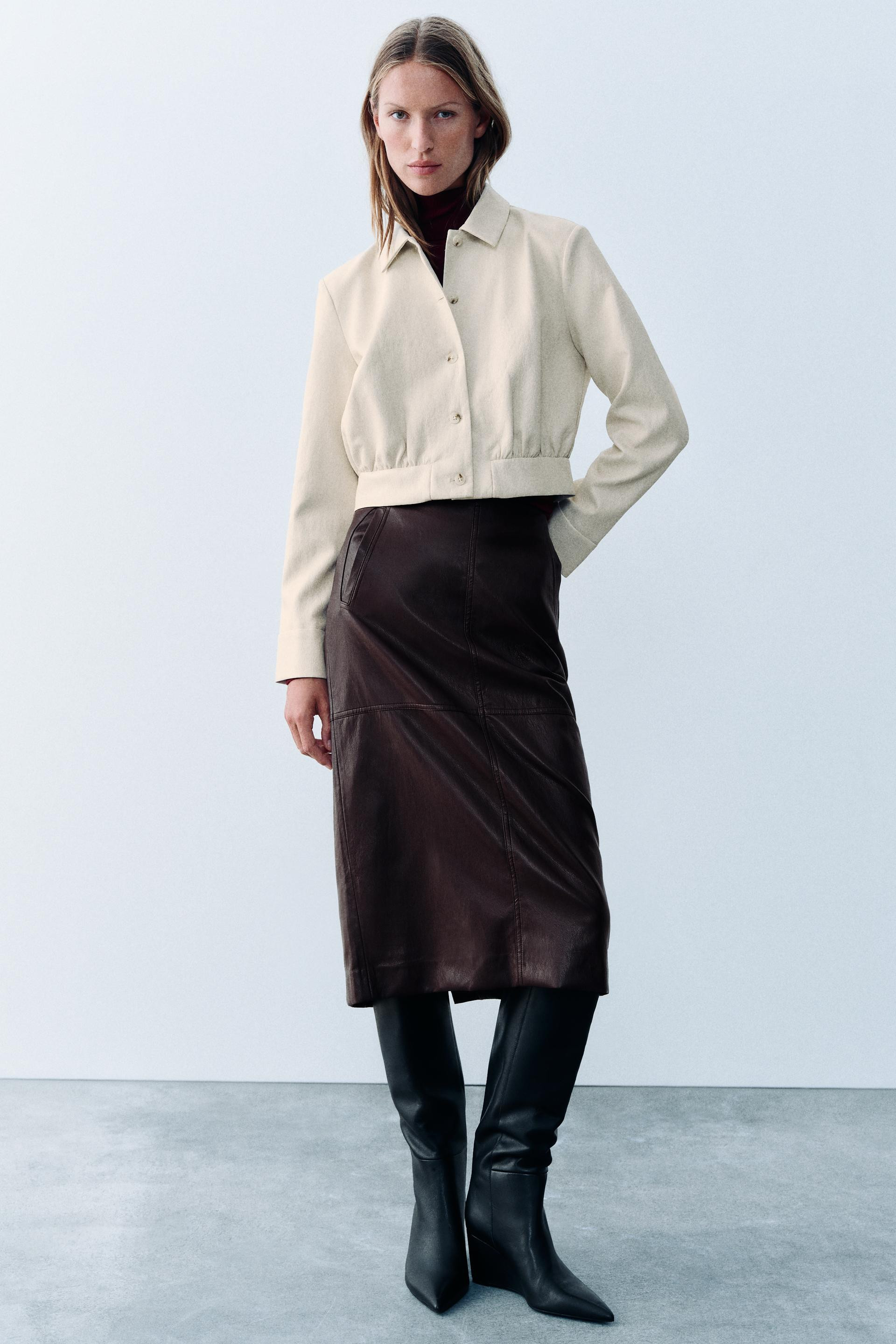 Zara - Cropped Leather-Effect Shoulder-Pad Shirt - Ecru - S - Woman | Zara US