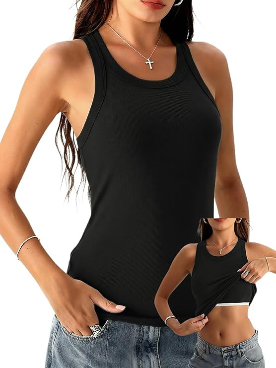 Danysu Racerback Tank Tops with Built in Bra for Women High Neck Ribbed Basics Fitted Long Bra Ta... | Amazon (US)