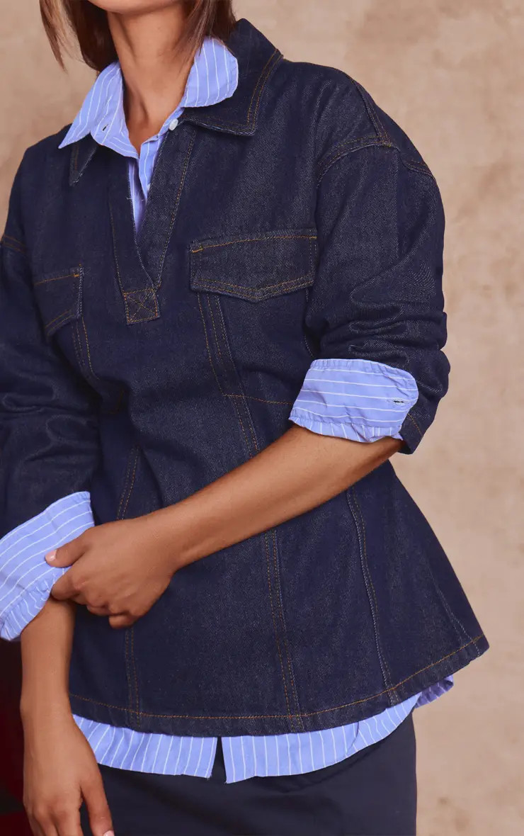 Indigo Seam Detail Denim Rugby Shirt | PrettyLittleThing USA | PrettyLittleThing US