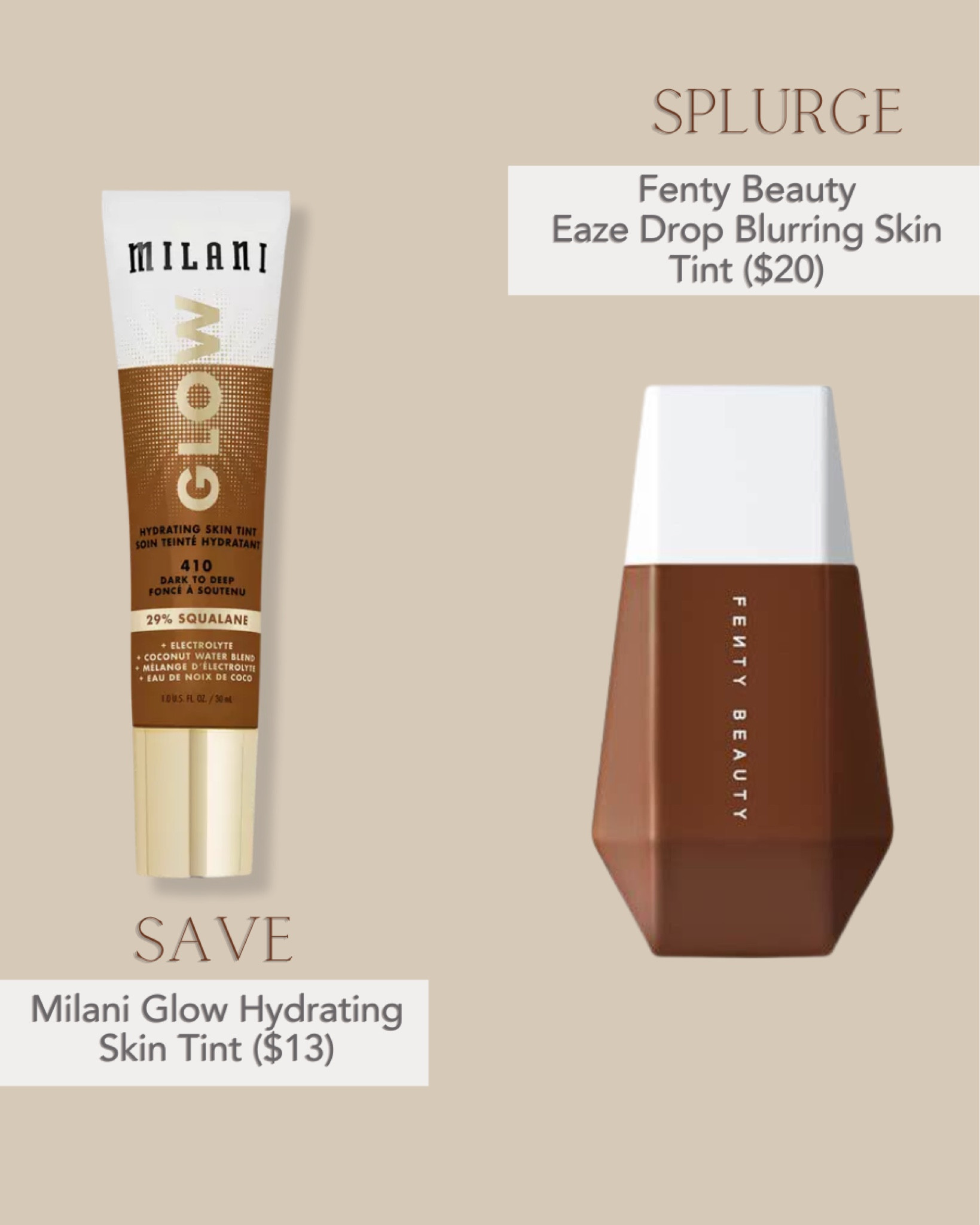 Fenty Beauty Eaze Deep Blurring Skin Tint bs Milano Glow Hydrating Skin Tint. Best hdrugstore dupe with Milano skin tint for affordable choice of Fenty beauty skin tint.