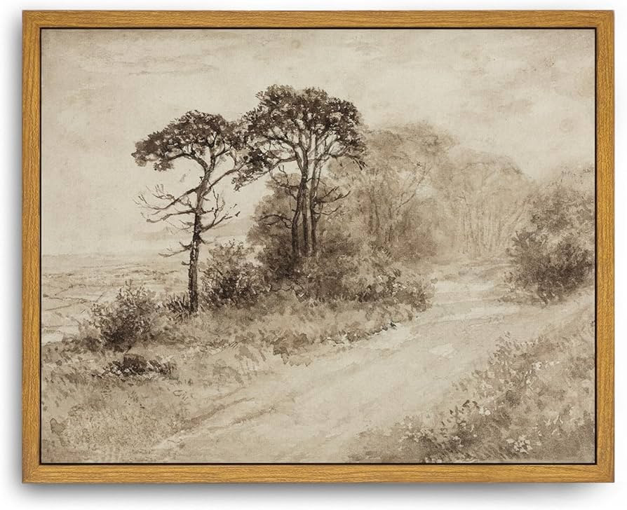 Roslynity Framed Canvas Wall Art Vintage Print Moody Country Landscape Neutral Rustic Tree Windin... | Amazon (US)