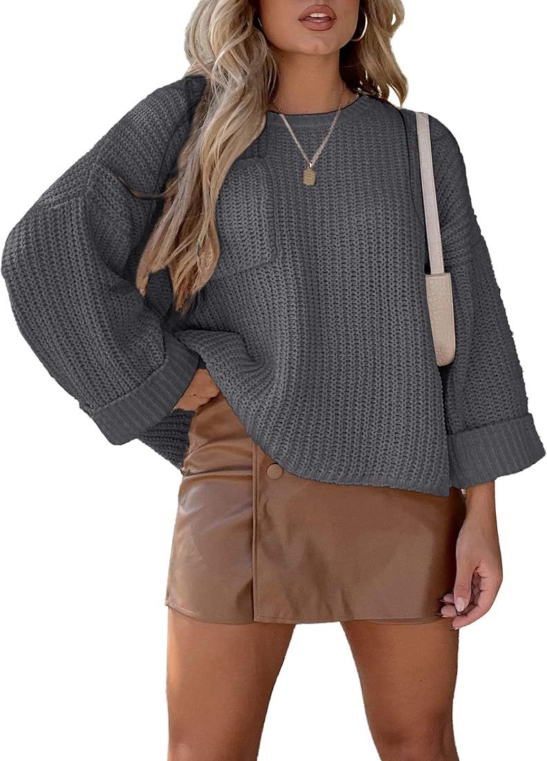 KIRUNDO 2022 Women's Fall Winter Long Sleeve Crew Neck Cropped Oversized Sweaters Loose Soft Knitted | Amazon (US)