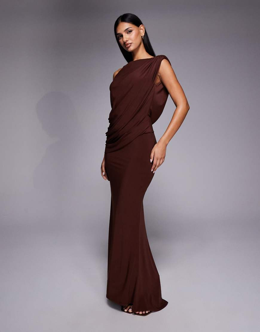 ASOS DESIGN asymmetric draped maxi dress with cowl back in chocolate-Brown | ASOS (Global)