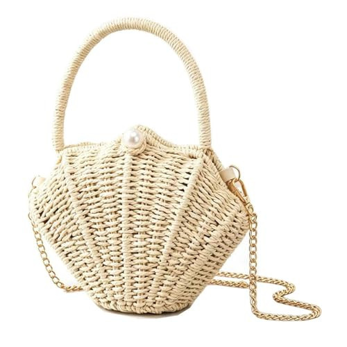 Women Shell-Shaped Straw Crossbody Bag, Handwoven Clutch Rattan Summer Beach Purse with Top Handle & Detachable Chain, Vacation Shoulder Handbag 2026 (Beige) | Amazon (US)