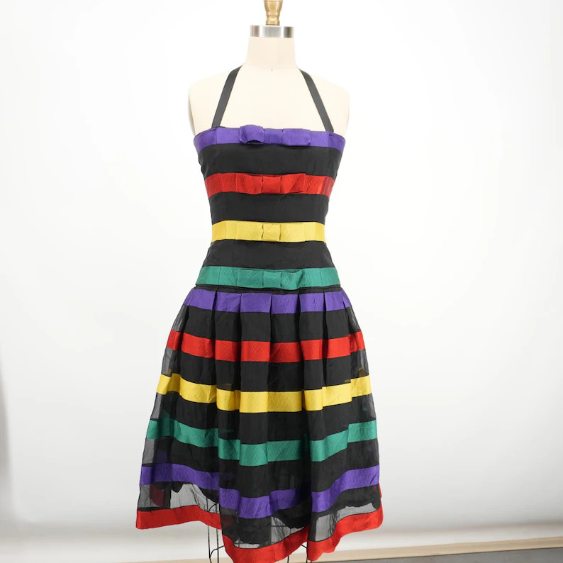 Vintage 80s Silk Dress ALBERT NIPON Colorful Bold Stripe COLLECTABLE Rainbow Ribbon Bow Party Dre... | Etsy (Global)