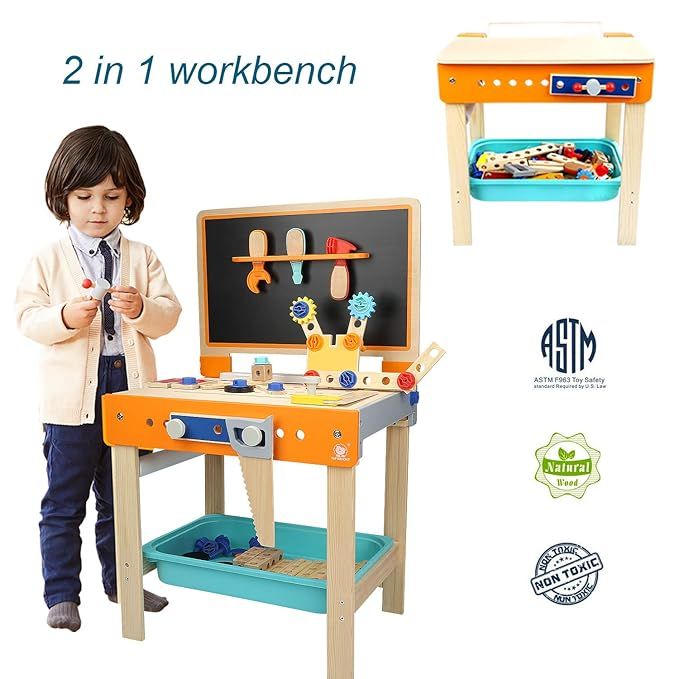 TOP BRIGHT Tool Bench Set Kids Toy Play Workbench for Toddler Workshop, Wooden Construction Bench... | Amazon (US)