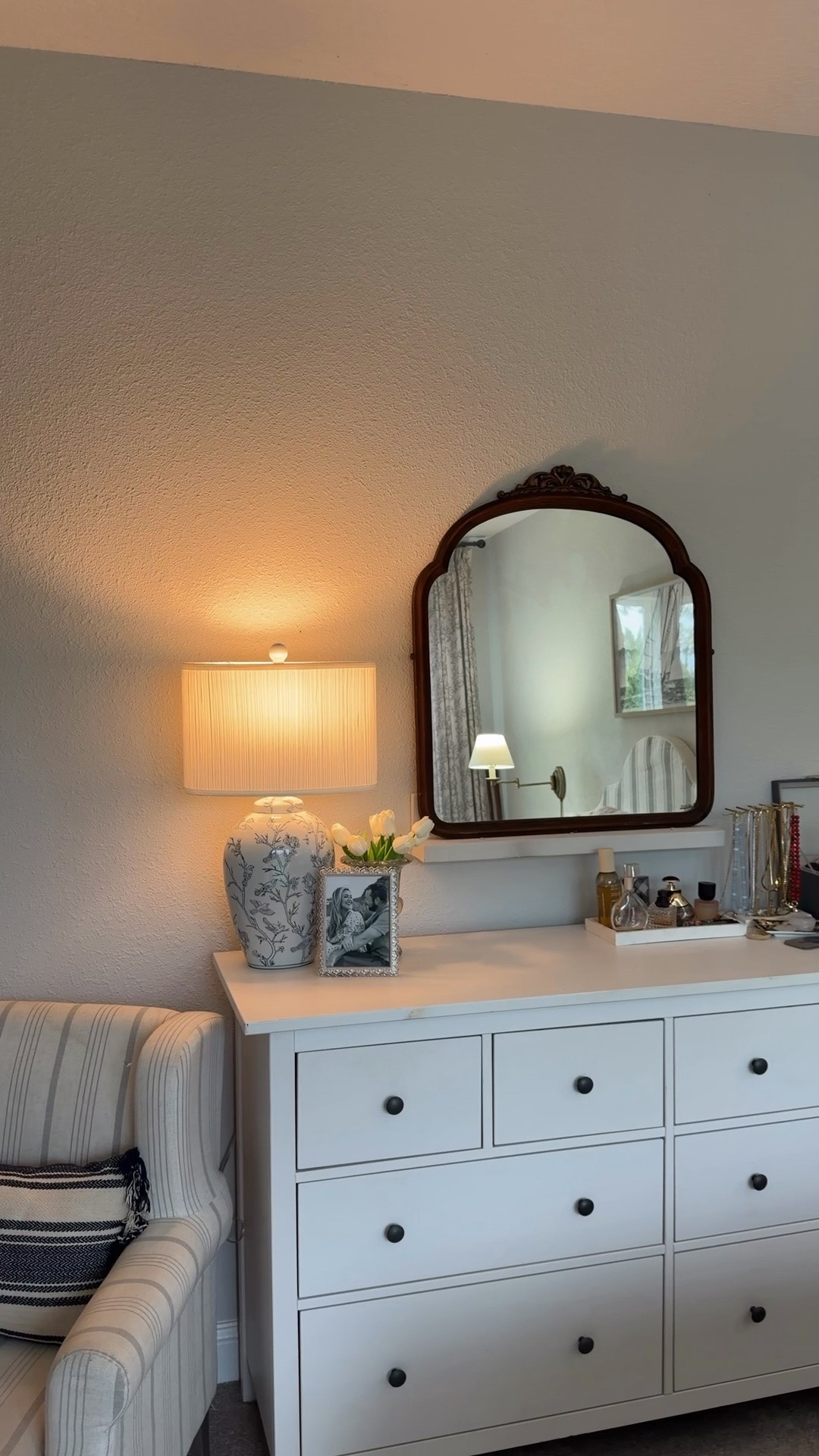 coastal bedroom refresh in progress 🤍

ginger jar lamp, black and white sailboat art, silver frame decor, tulip arrangement, classic coastal bedroom, Nancy Meyers style home, collected home decor, HomeSense finds, Marshalls home decor, traditional coastal style, blue and white decor, dresser styling ideas, bedroom refresh inspiration, timeless home decor, coastal classic interiors