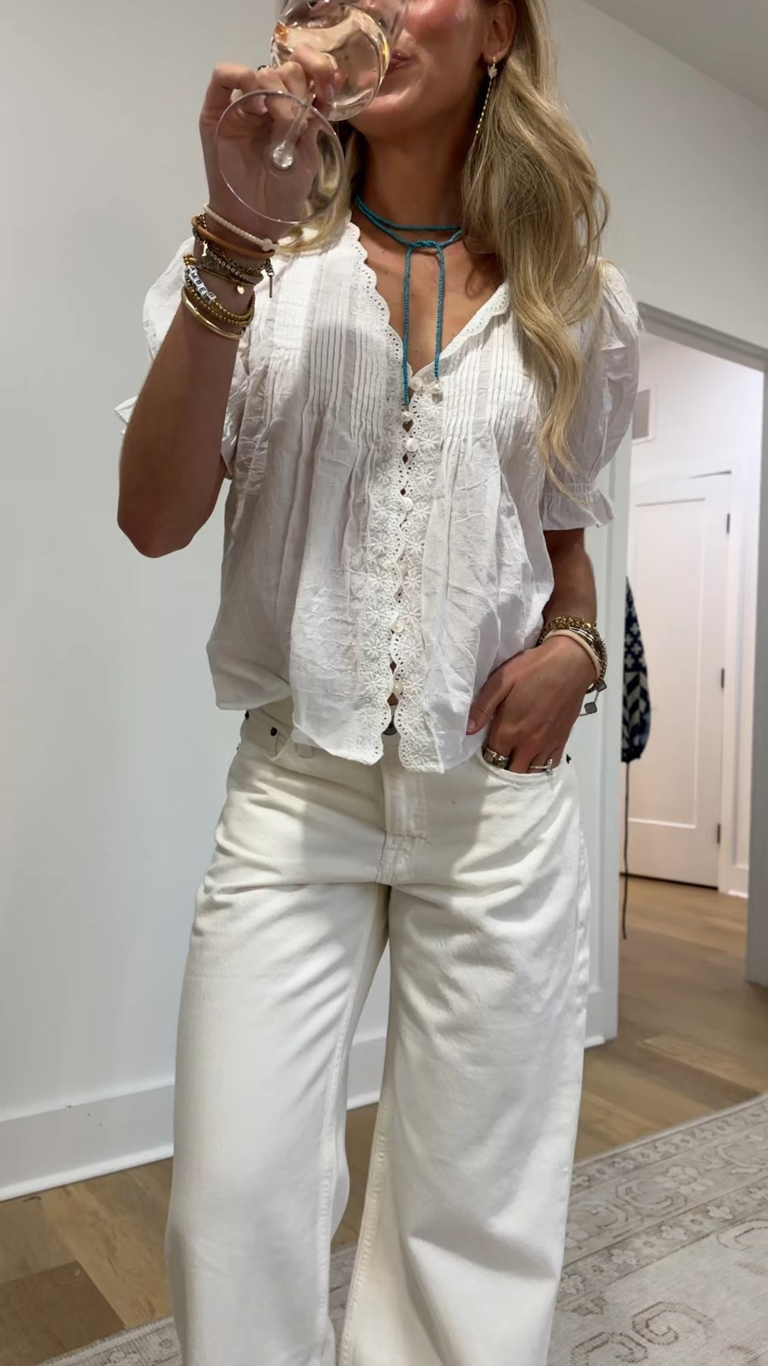 Friday night toast! My top is @abercrombie   size xs I just got it. My white jeans we went monochrome tonight are 24 Abercrombie and my shoes are my favorite walmart kitten heels.

#LTKootd #LTKdayinmylife #LTKSeasonal
