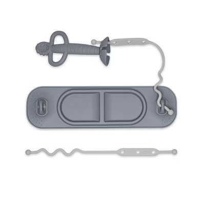 Busy Baby 4pc Silicone Travel Teething and Feeding System with Suction Mat, Teething Spoon, Travel Bag and 2 Straps for Toys and Utensil Set - Pewter | Target