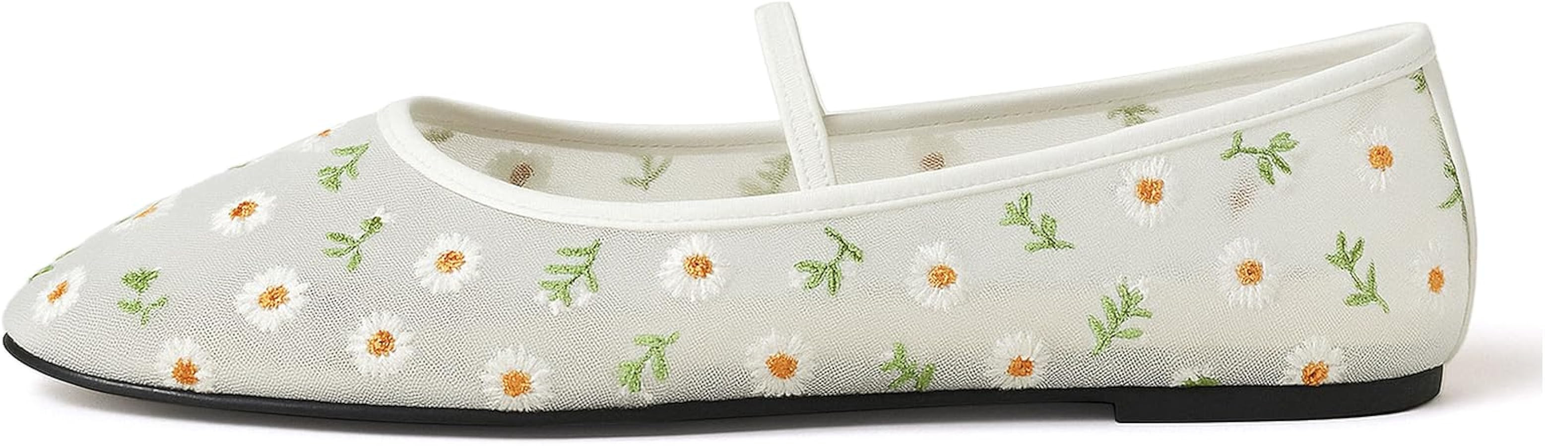 Nude Mesh Ballet Flats for Women Tulle Floral Embroidered Mary Jane Ballerina Round Toe Comfortab... | Amazon (US)
