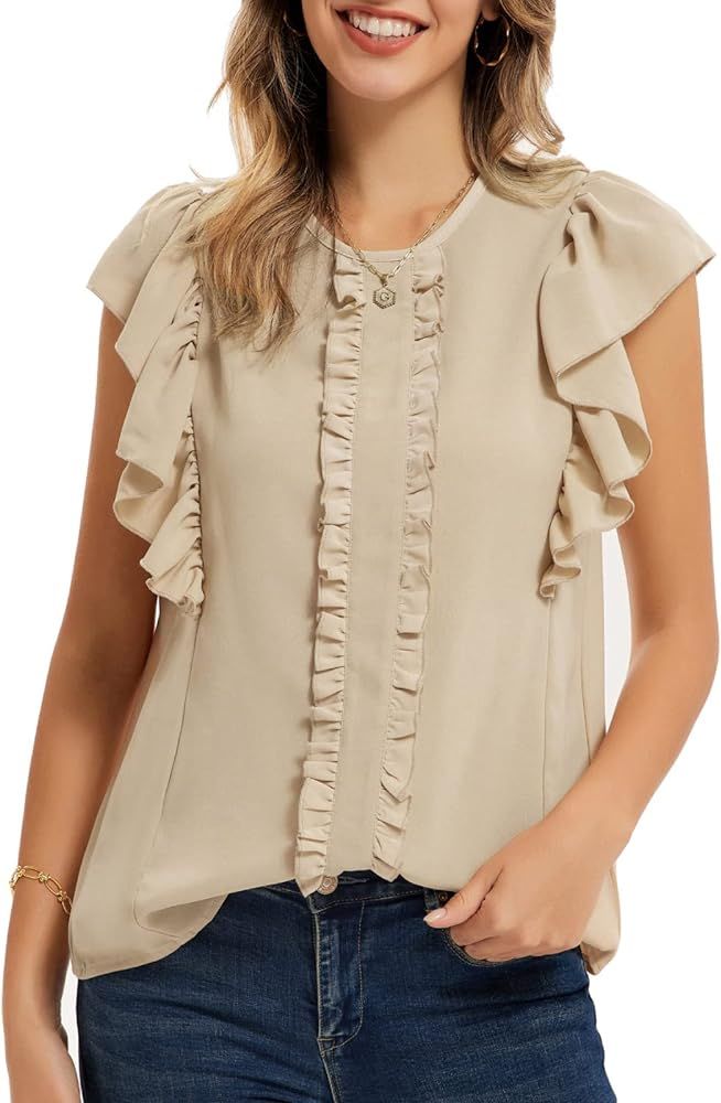 GRACE KARIN Women Flounce Ruffle Sleeve Keyhole Back Solid Casual Work Blouse Top Shirts | Amazon (US)