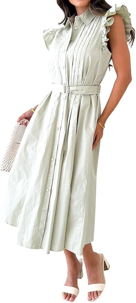 Women's Casual Short Ruffle Sleeve Belt Button Midi Dress with Pockets | Amazon (US)
