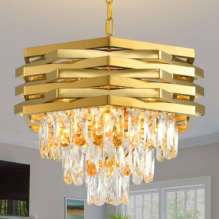 Gold Crystal Chandelier 15.7" Round Modern Crystal Chandeliers for Dining Room K9 3-Tiers Ceiling... | Amazon (US)