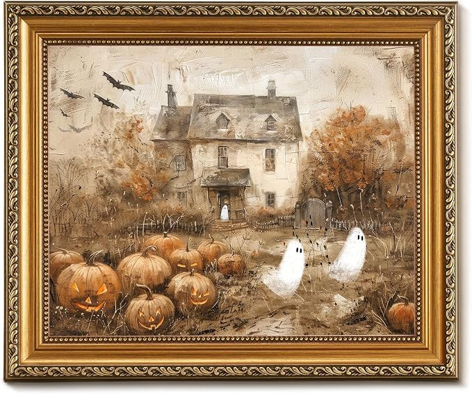 Vodefoad Retro Detachable Gold Framed Wall Art for Home Decor Halloween Pumpkins with Cute Ghost ... | Amazon (US)