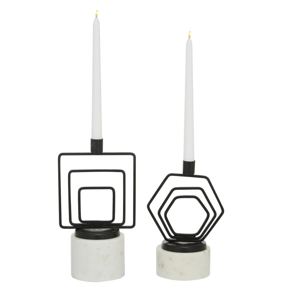 LITTON LANE Geometric Black Metal Taper Candlestick Holders On Light Marble Base (Set of 2: 9 in.... | The Home Depot
