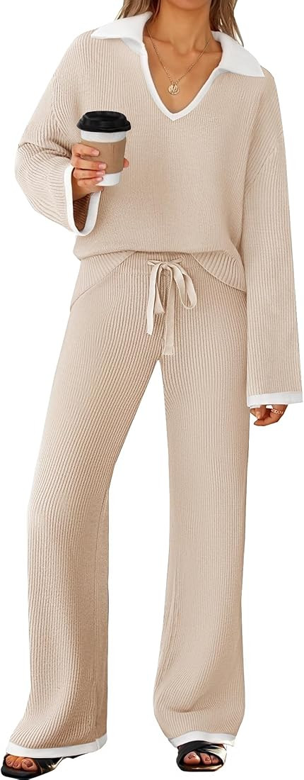 ZESICA Women's Two Piece Sweater Lounge Sets Fall Winter Oversized Knit Pullover Wide Leg Pants O... | Amazon (US)