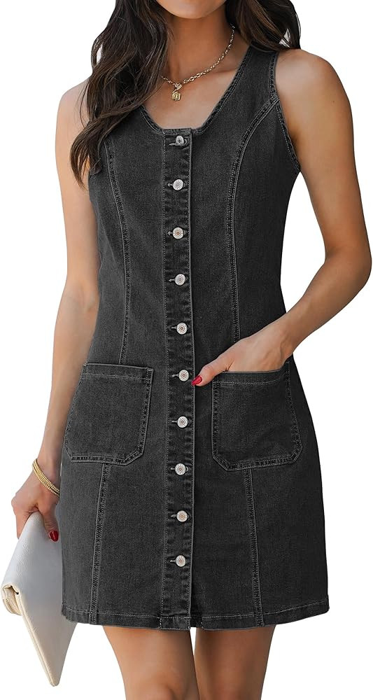 luvamia Denim Dresses for Women Sleeveless Stretchy Jean Summer Casual Western Short Button Down ... | Amazon (US)