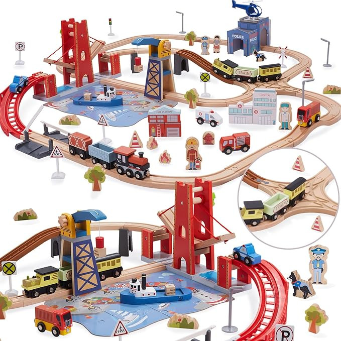 Giant bean 117 Pcs Busy Port City Train Set for Kids- Expandable & Changeable Wooden Train Tracks... | Amazon (US)