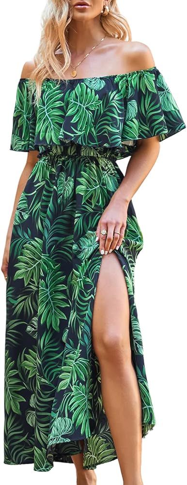 CUPSHE Women's Dresses for Summer A Line Dresses Off Shoulder Ruffle Maxi Tropical Printed Dress | Amazon (US)