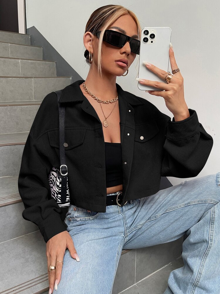 SHEIN EZwear Drop Shoulder Flap Detail Crop Corduroy Jacket | SHEIN
