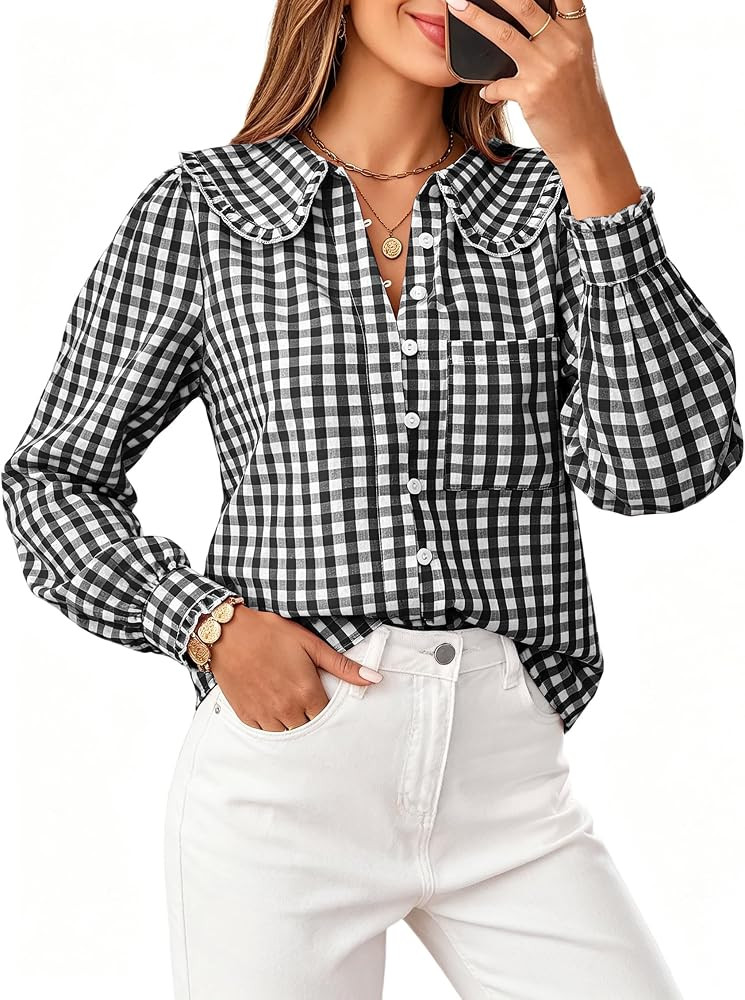 SimpleFun Button Down Shirts for Women Long Sleeve Blouse Gingham Work Tops | Amazon (US)