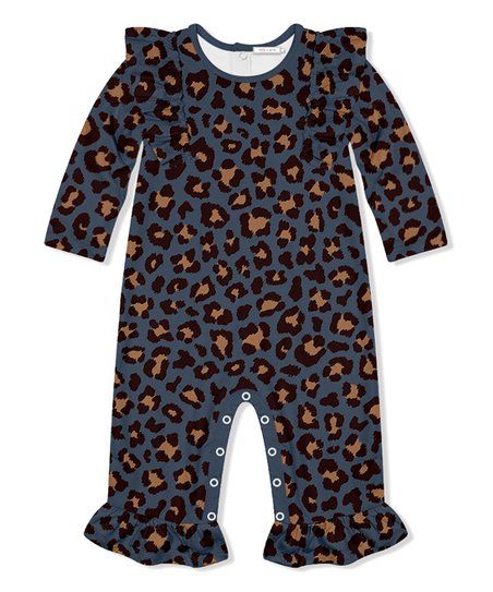 Dusty Blue Leopard Ruffle-Trim Playsuit - Infant & Toddler | Zulily