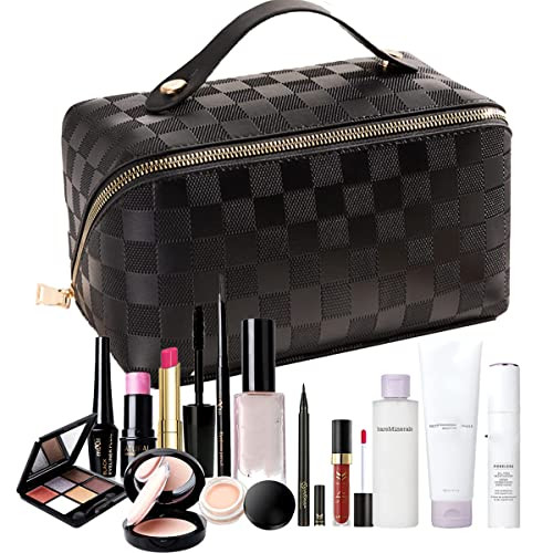 Brown Large Capacity Travel Cosmetic Bag Plaid Checkered Makeup Bag PU Leather Waterproof Skincar... | Amazon (US)