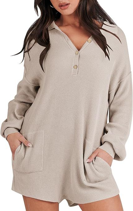 ANRABESS Women Sweater Rompers 2023 Fall Outfits Trendy Long SLeeve Henley V Neck Knit Lounge Jum... | Amazon (US)
