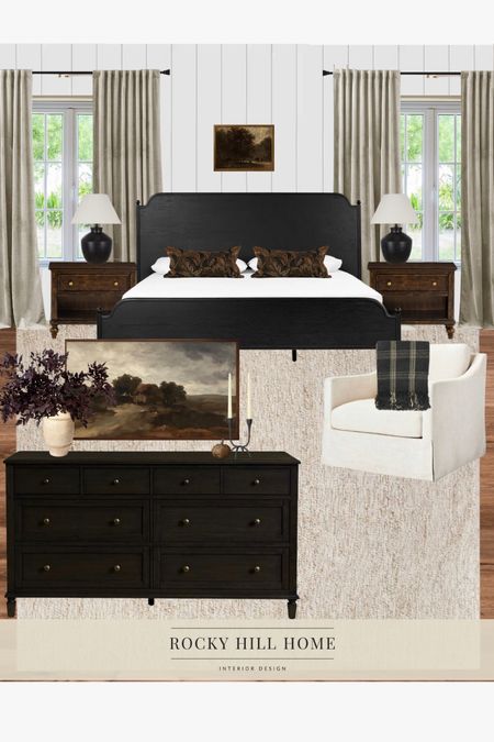 Bright and moody primary bedroom with black bedroom furniture, traditional dark wood nightstand and minimalist fall decor 

#LTKstyletip #LTKhome #LTKSeasonal