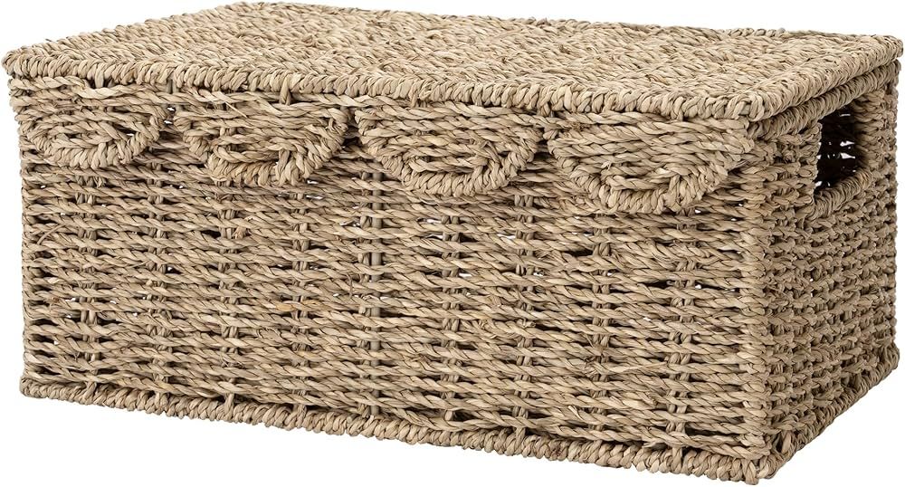 StorageWorks Scalloped Edge Wicker Basket with lid, Wicker Storage Basket with Built-in Handles, ... | Amazon (US)