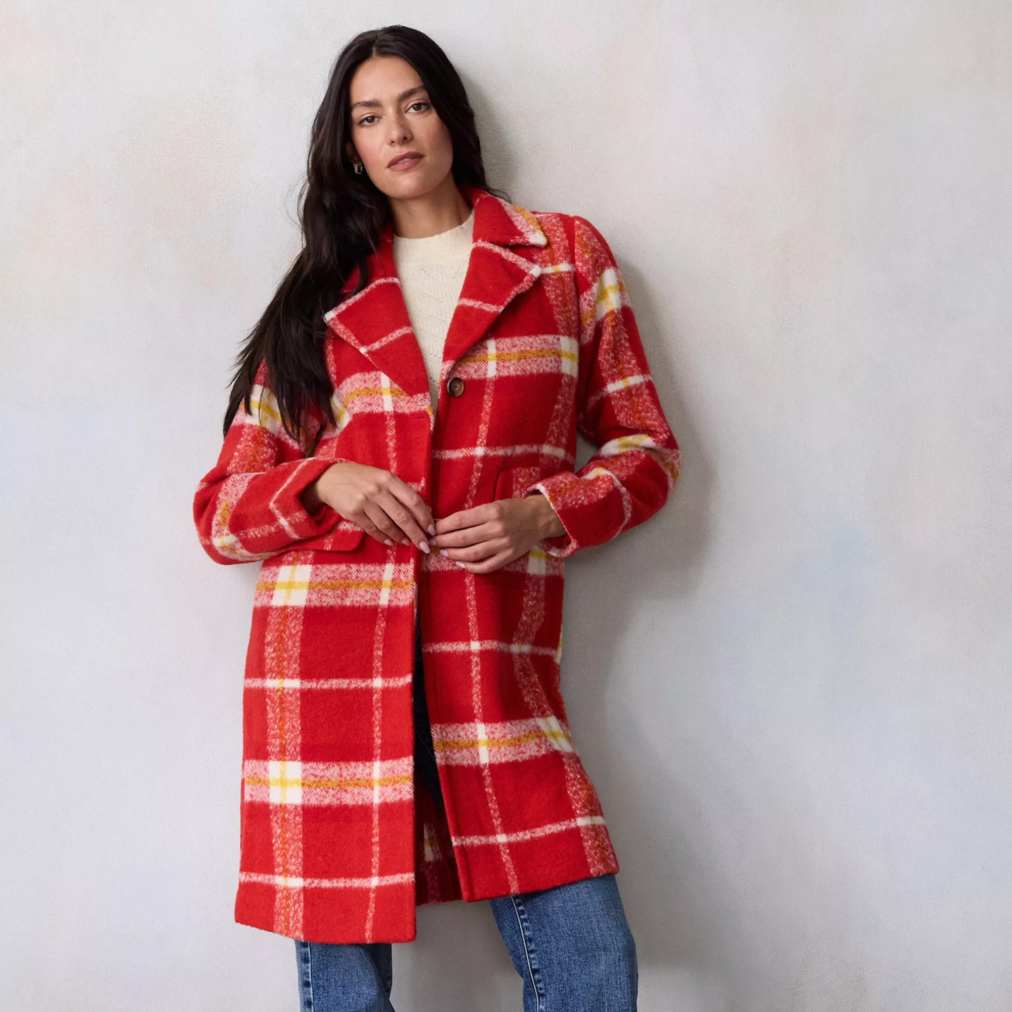 Petite LC Lauren Conrad Long Plaid Overcoat | Kohl's