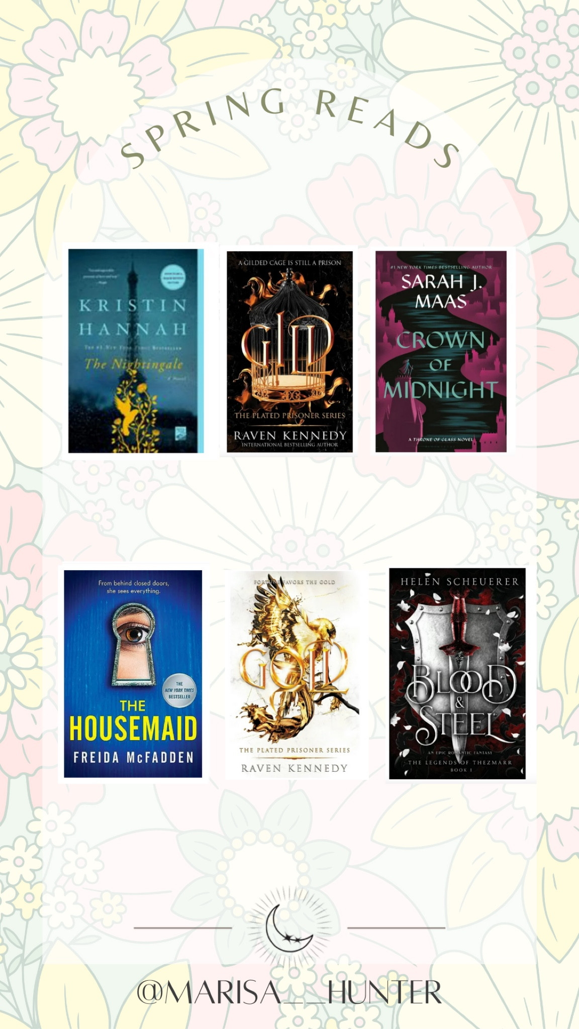 Spring reads

Booktok Kristin Hannah Sarah j Maas blood & steel the housemaid gild gold 

Walmart finds
#LTKhome #LTKfamily 

#LTKSeasonal