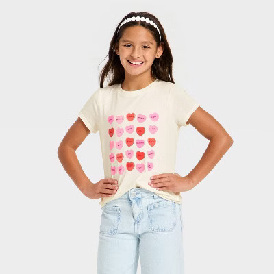 Girls' Short Sleeve Valentine's Day 'Candy Hearts' Graphic T-Shirt - Cat & Jack™ Cream | Target