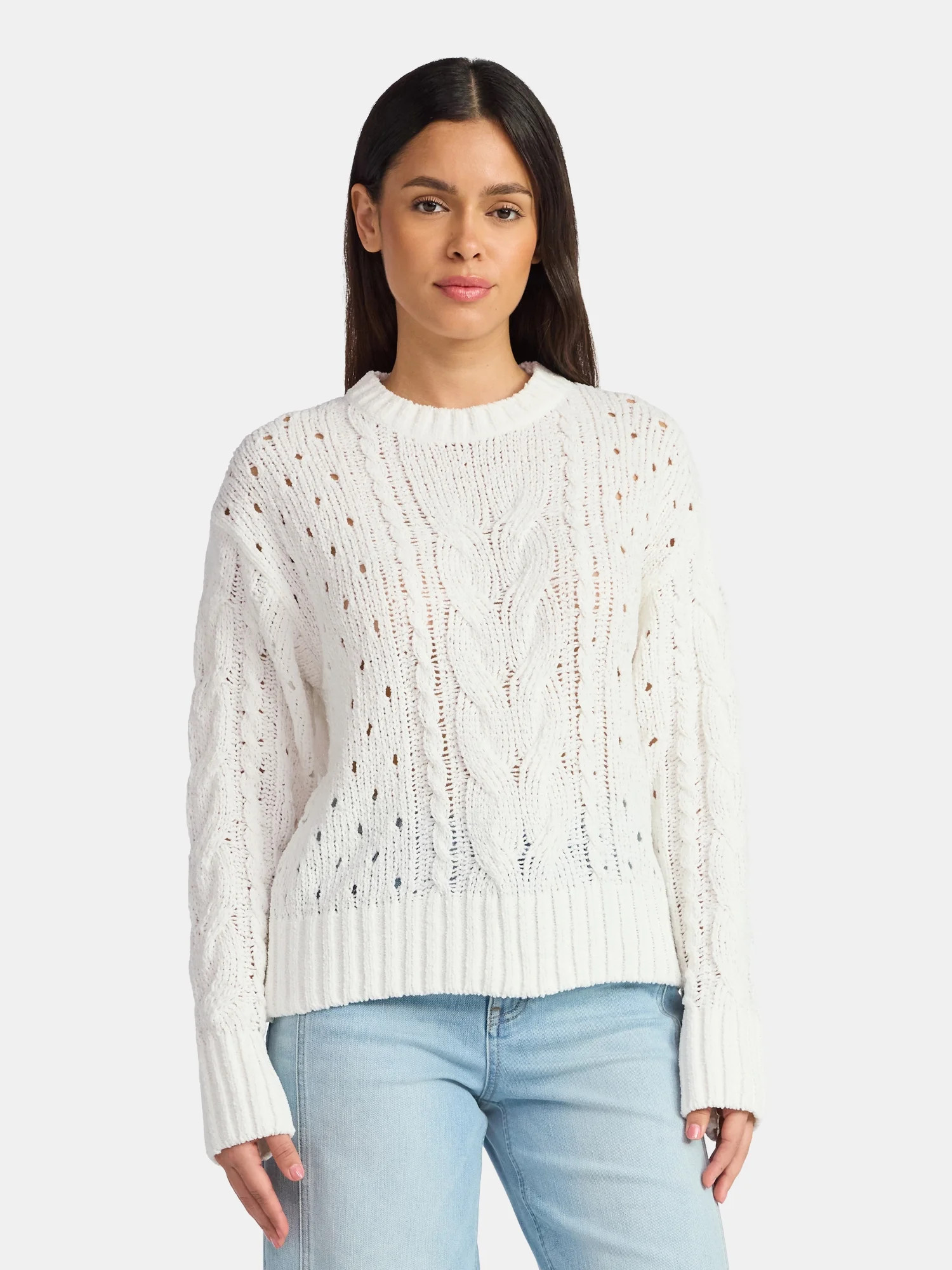 Time and Tru Women's Cable Knit Pullover Sweater with Long Sleeves, Midweight, Sizes XS-XXXL | Walmart (US)