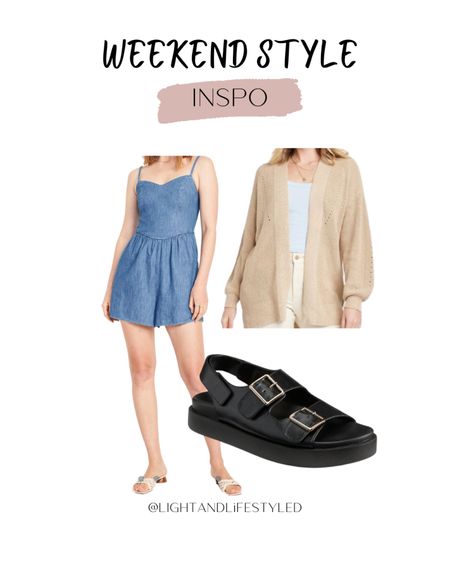 Weekend outfit, denim romper, cardigan, strappy sandals 

#LTKSeasonal #LTKstyletip #LTKfindsunder50