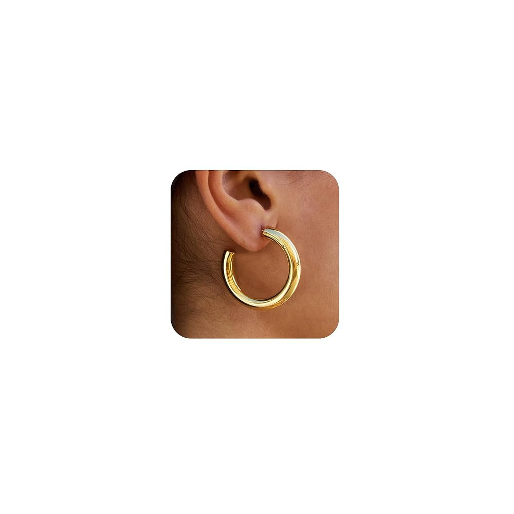 Chunky Gold Hoop Earrings: 14K Gold Plated, Non Tarnish, Lightweight, Open Tube Design, Hypoaller... | Amazon (US)