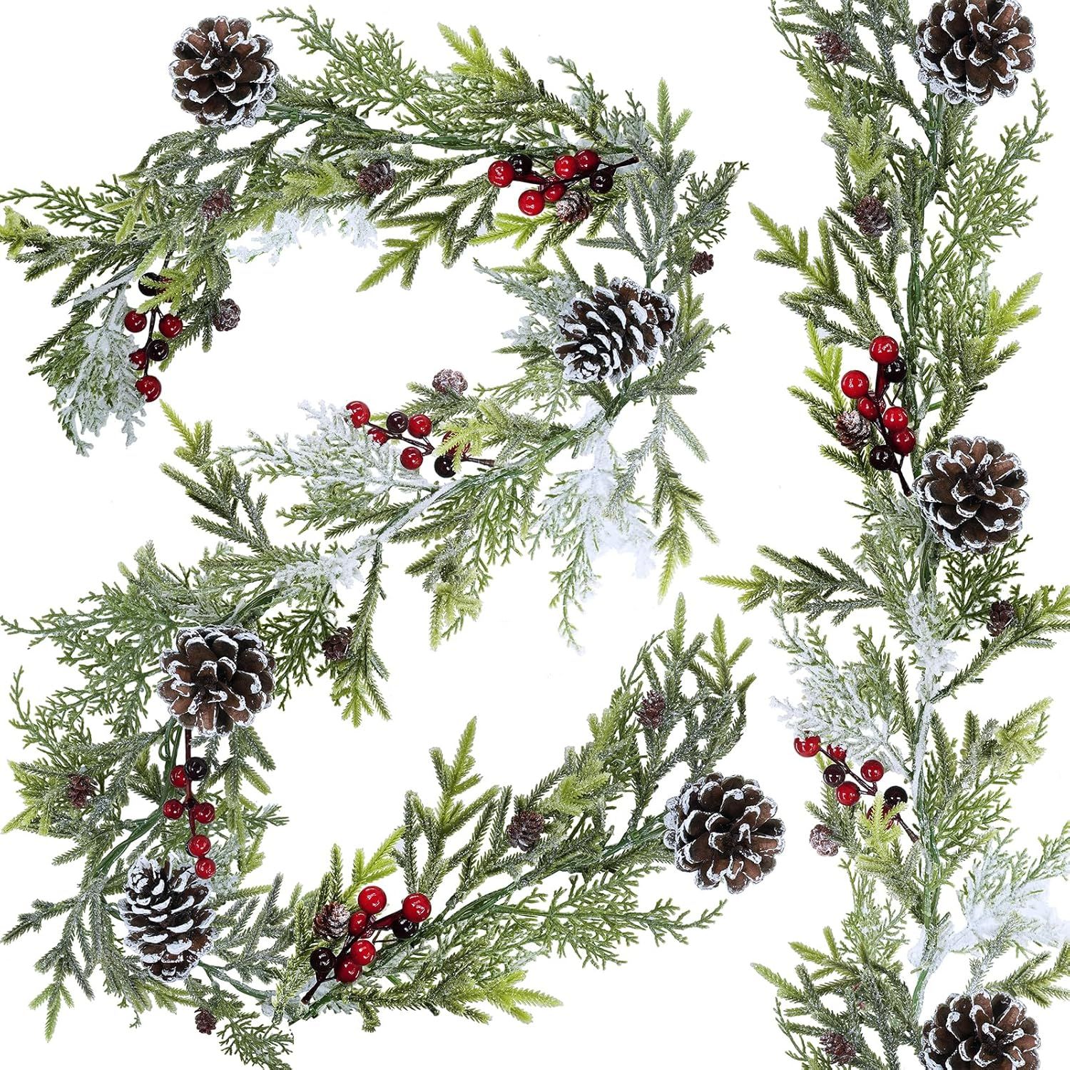 Winlyn 2 Pack 6' Snowy Artificial Pine and Cedar Christmas Garland Pine Cones Red Berries Winter ... | Amazon (US)