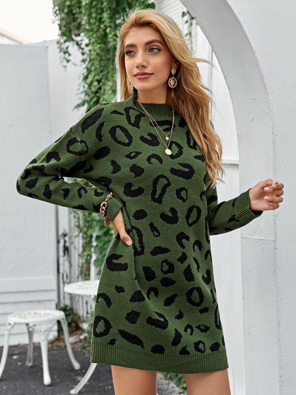 Mock Neck Drop Shoulder Leopard Sweater Dress | SHEIN