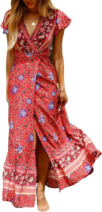 R.Vivimos Women's Summer Short Sleeve Floral Print Bohemian Beach Waist Tie Wrap Long Flowy Dress... | Amazon (US)