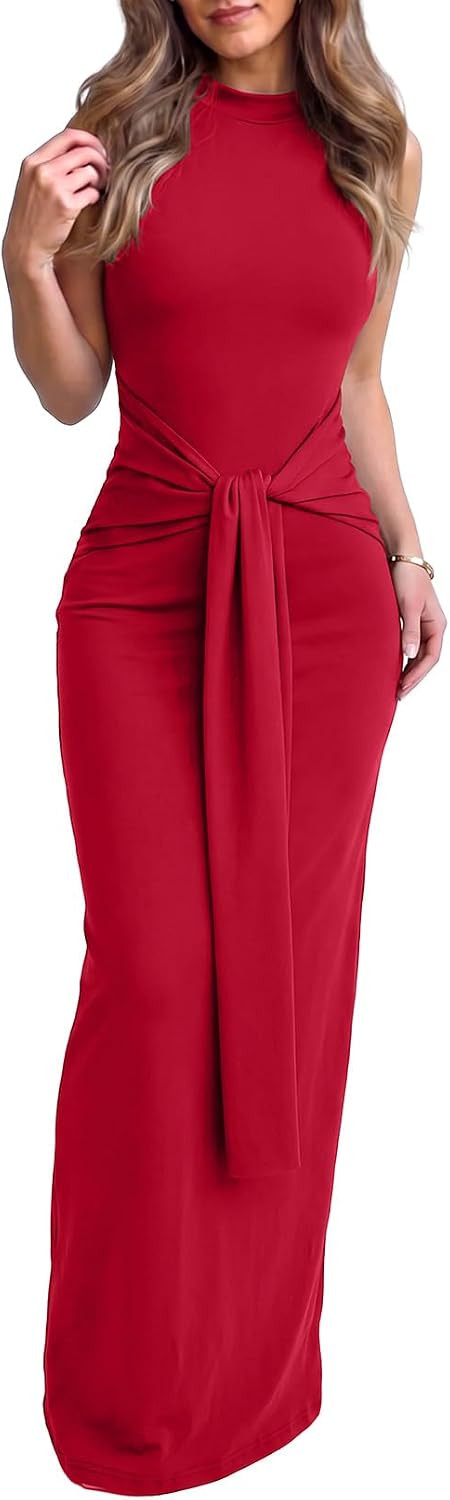 Dokotoo Womens Sleeveless High Neck Tie Front Ribbed Bodycon Maxi Dresses | Amazon (US)