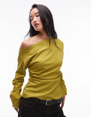 ASOS DESIGN long sleeve off-shoulder corset waist tee in olive | ASOS | ASOS (Global)