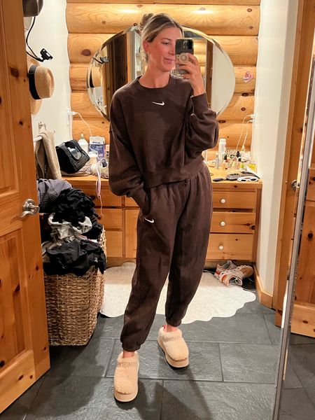 Random rain today called for this cozy set & chillin at home!! 
Wearing a size small ( regular) in the Nike set! & sized up in the braided Tazz UGG slippers per reviews so size 9 instead of my usual size 8. They have a great open toe slipper option for summer & a dupe on Amazon!

#LTKsalealert #LTKfindsunder100