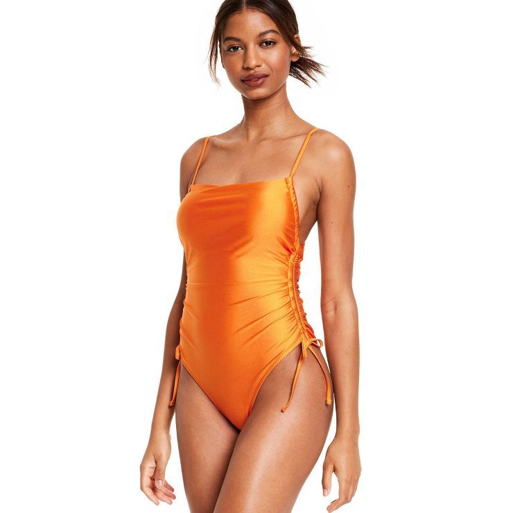 Women's Metallic Side-Ruched High Leg Cheeky One Piece Swimsuit - Fe Noel x Target Orange | Target