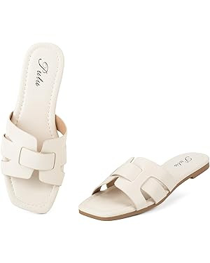Putu Women's Flat Sandals Dressy Summer Sandals H-Band Slides with Square Open Toe | Amazon (US)
