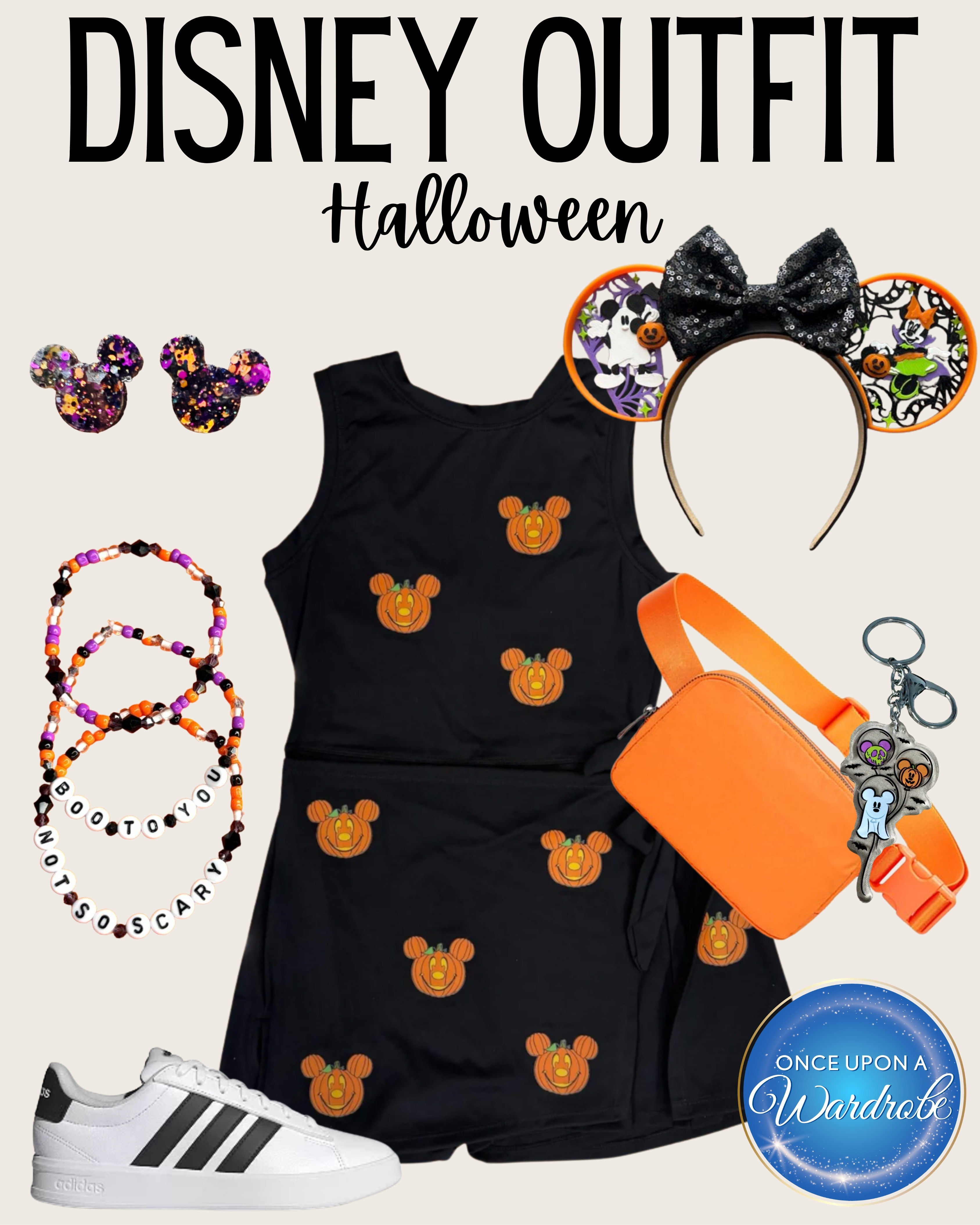 A cute Disney Halloween outfit for women with pumpkin details, comfy sneakers, Mickey ears, and an easy orange belt bag for the parks. Perfect for Magic Kingdom, Mickey’s Not-So-Scary Halloween Party, fall Disney trips, or a festive park day outfit that is still comfortable for walking. 

 #LTKootd #LTKmomlife #LTKTravel