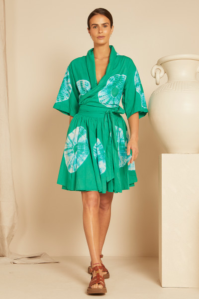 Radial Dye Wrap Mini Dress in Emerald | Bohemian Traders